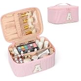 OCHEAL Makeup Bag for Women, Monogram Cosmetic Bag Pink Travel Makeup Case Beauty Toiletry Bag Organizer Personalized Gifts for Girls Bridesmaid, Sister, Wife, Friends Initial A
