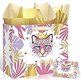 Innovoscape Cheetah Print Gift Bag Pink Leopard Print Favor Bag with Tissue Paper Card Cheetah Print Birthday Decorations for Girls Women Jungle Safari Animal Party Supplies