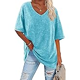 Flowyair Womens Oversized T Shirts Summer Loose Fit Cotton Short Sleeve Basic Tees Casual V Neck Boyfriend Tunic Tops