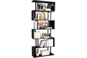 Yusong S Shaped Bookshelf, Modern Geometric Bookcase, 6-Tier Black Display Case Book Shelf