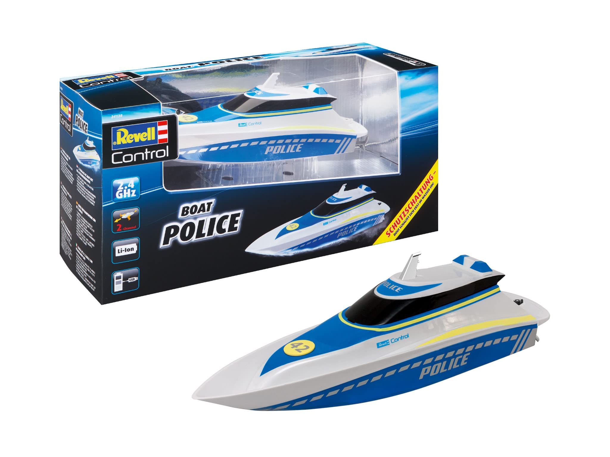 Revell Control 24138 Remote Control Boat Police With Precise 2.4 GHz Control, 2 Powerful Electric Motors, Powerful Li-Ion Battery, 2 Channel, Propellers Start Only In Water, 34.5cm in length