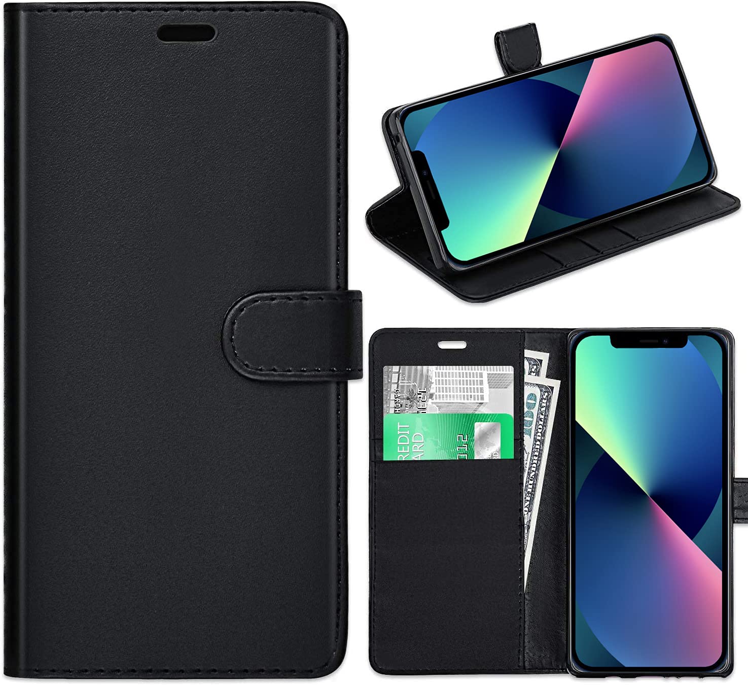 KP TECHNOLOGY iPhone 13 Case, iPhone 13 Leather Case, iPhone 13 Book Flip Leather Wallet Cover with Card Slots for iPhone 13 6.1" [Compatible With iPhone 13 Screen Protector] (BLACK)