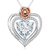 Sterling Silver Heart Necklace with Rose Flower for Women- Adjustable Chain with Heart pendant, Ideal Jewelry gift for her, Girlfriend, Wife, Mom on Birthday, Anniversary