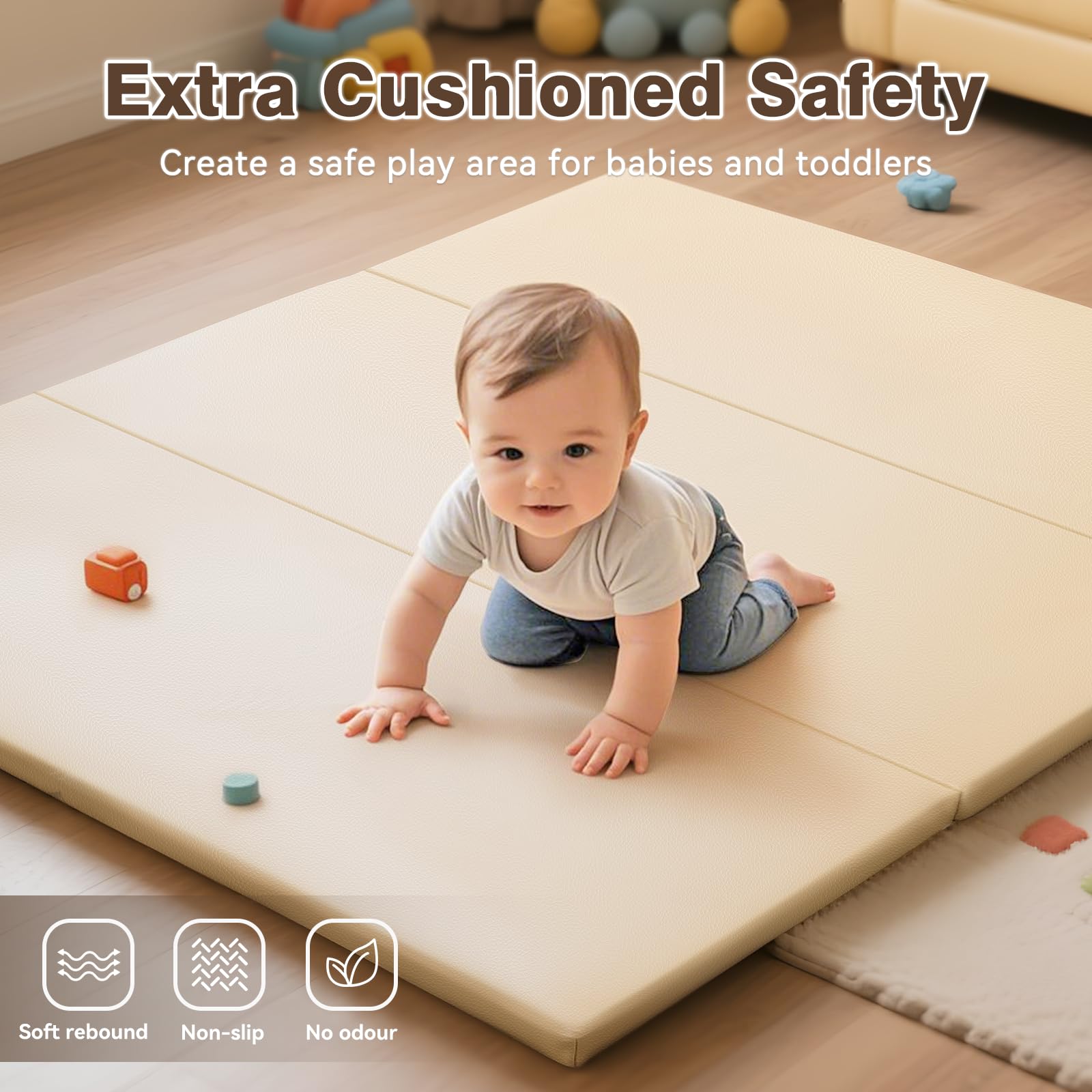 Foam Baby Play Mat: PU Leather Waterproof Kids Playmat - Trifold Floor Mat - Large Play Mat for Playpen Thick Pad Fodable Mattress Soft Toddler Mattress Infant Cushion for Preschool (Beige)
