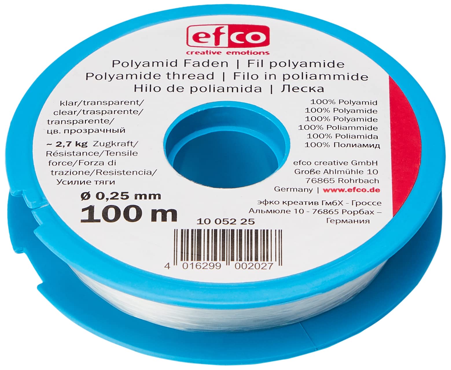 EFCO Tensile Force Thread, Polyamide, clear, 2.7 kg, 0.25 mm Diameter, 100 m