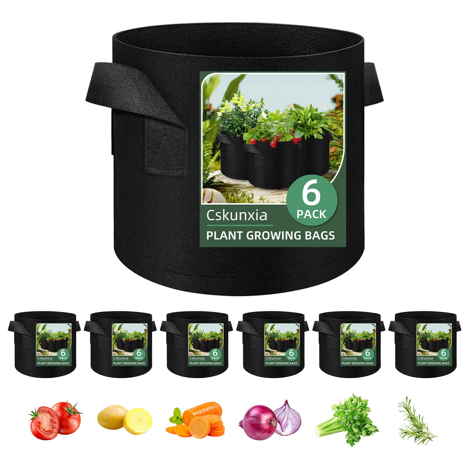 Cskunxia 6-Pack 3 Gallon Grow Ba g, Non-Woven Fabric Pots Plant B ag, Plant Grow Bags with Handles, Garden Plants Bag for Potatoes, Carrots, Tomatoes and Other Vegetable,Fruits