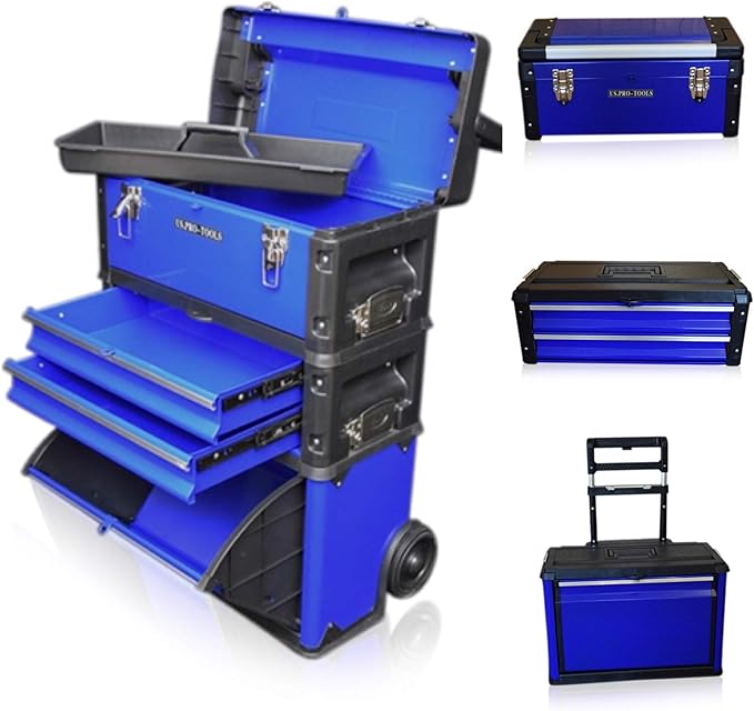 US PRO Tools Blue Work Center Plastic Steel Mobile Rolling Chest