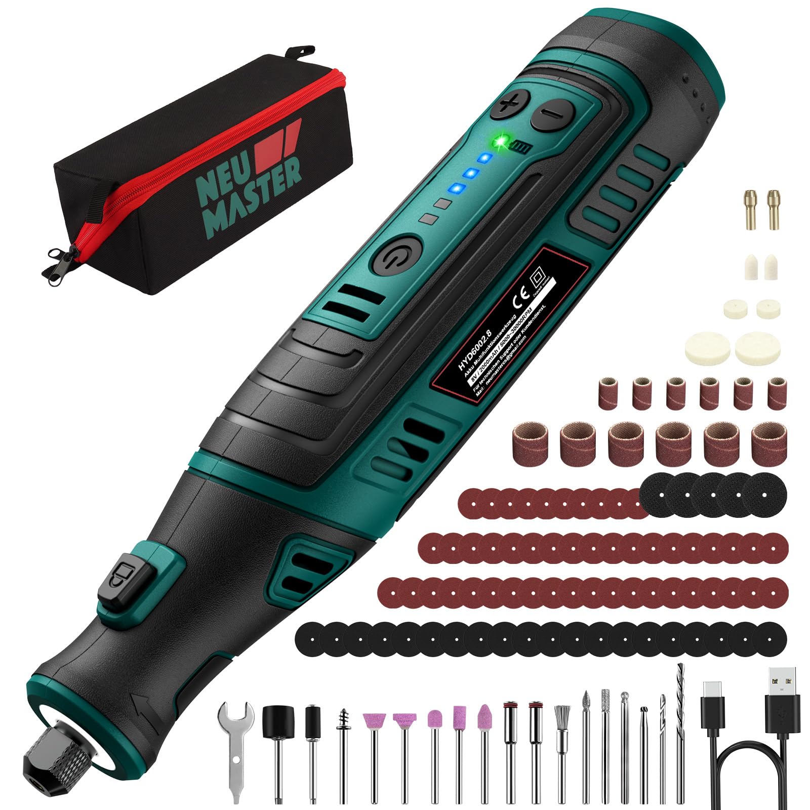 Multifunktionswerkzeug Akku - NEU MASTER 8V 2.0Ah Akku Rotationswerkzeug mit 117 Stück Zubehör, LED Light und 5-Gang, Multifunktionswerkzeuge Set zum Bohren, Gravieren, Polieren, Schleifen