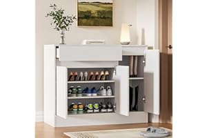 Housoul Shoe Cabinet Storage with 3 Doors, Freestanding Shoe Cabinet with Drawer & Adjustable Shelves, Wooden Shoe Organizer for Entryway, Hallway, White