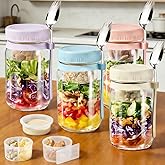 BLAZPATH 4 Pack Glass Salad Mason Jars with Dressing Cup and Spork, 32 oz Mason Jars Salad Container with Lids Meal Prep for Lunch, 2 Insert Separate Cups with Divider for Dressing & Dry Ingredients