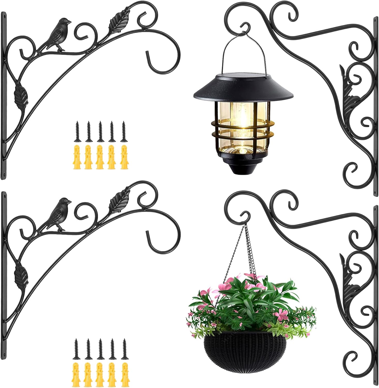 Outdoor Hanging Brackets - amzealot Hanging Plant Bracket Outdoor, 4 Pack Metal Plant Hangers Wall Mount, Heavy Duty Garden Planter Hooks for Flower Basket, Bird Feeder, Lanterns, Wind Chime, Indoor Decor, Black