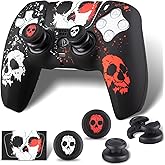 PlayRealm Silicone Skin Cover & Sticker x 1 & No Falling Off Thumbstick x 2 for PS5 Controller (Ghost Face RW)