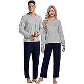 MoFiz Pjs Pajamas for Men & Women Long Sleeve 2 Piece Sleep Lounge V Neck Lightweight Soft Loungewear Sets With Pockets