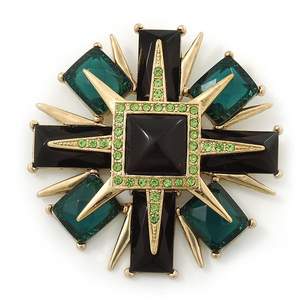 Victorian Style Black/Dark Green Resin Stone Layered Cross Brooch In Gold Tone Metal - 75mm Across