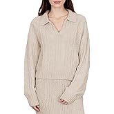 Amazhiyu Women's 100% Wool Cable Knit Crop Sweater V-Neck Long Sleeve Pullovers