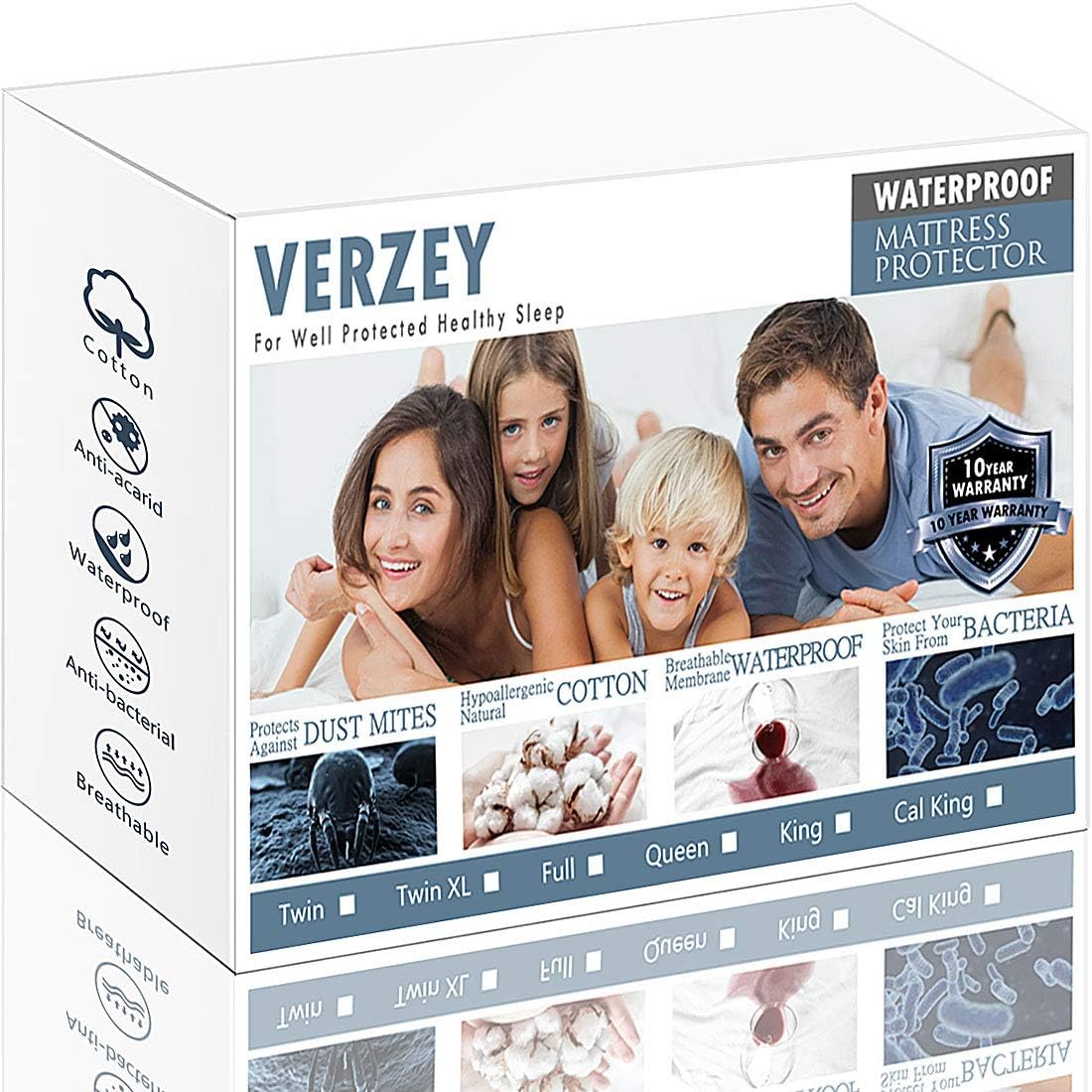 VERZEY Bedding King Size Waterproof Mattress Protector - Fitted 18 Inches Deep Pocket - Hypoallergenic Vinyl Free Mattress Pad, White