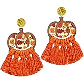 Handmade Woven Thanksgiving Rainbow Tassel Earrings Lightweight Turkey Pumpkin Maple Leaf Fall Wooden Dangle Earrings for Women Thanksgiving Day Party Autumn Holiday Jewelry Accessories