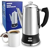 APOXCON Electric Coffee Percolator Stainless Steel Coffee Maker with Glass Knob &amp; On/OFF Switch Classic Coffee Pot with Keep Warm Cordless Serve - No Aluminum No Plastic Contact with Beverage (12 Cup)