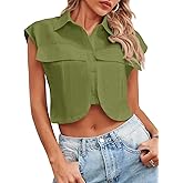 Tankaneo Womens Button Down Shirts Cute Summer Cap Sleeve Crop Tops Blouse