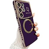 ZONRW for Samsung Galaxy S25 Ultra Case Magnetic,for Women Girls Soft Cute Wave Frame Curly Shape Love Heart Luxury Plating Phone Case Compatible with MagSafe Shockproof Back Cover 6.9"-Dark Purple