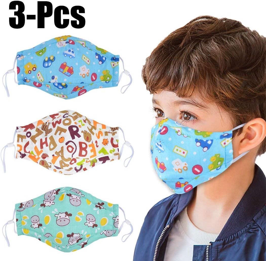 Dust Mask for Kids,PM2.5 Kids Mouth Face Mask with 6 Pcs Activated Carbon Filter Insert,Washable Cute Cotton Mouth Mask with Adjustable Straps(3 Pcs) (Boy)