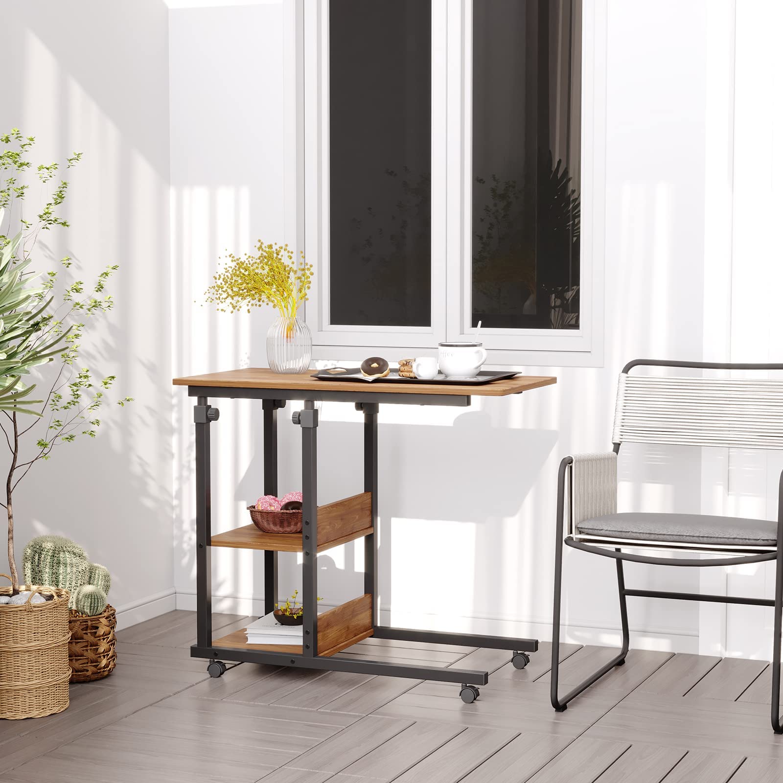 Dripex Beistelltisch mit Rollen Laptoptisch Höhenverstellbar Schreibtisch aus Holz, Sofatisch Nachttisch Kaffeetisch Schlafzimmer, Wohnzimmer Dunkelbraun 9