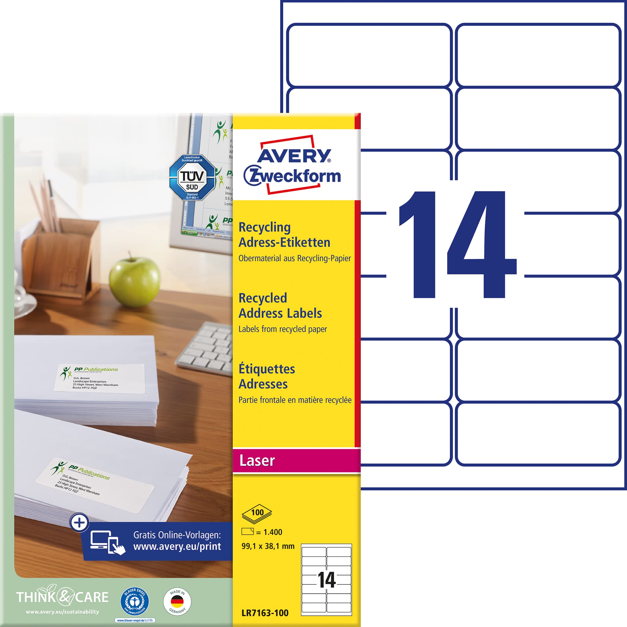 AVERY Zweckform LR7163-100 Recycled Labels (1,400 Address Labels, 99.1 x 38.1 mm on A4, 100% Recycled Paper, Printable, Self-Adhesive, for DIN Long Envelopes), 100 Sheets, Natural White