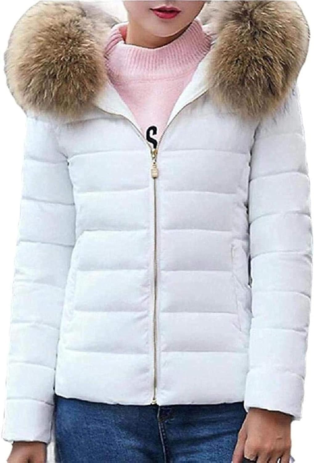 Womens Down Coat with Fur Hood Short Slim Winter Warm CottonPadded