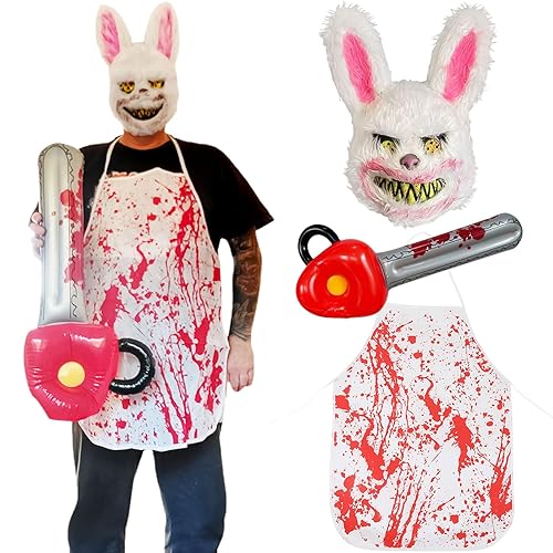 AYNKH 3PCS Horror Rabbit Costume, Scary Halloween Bunny Mask Blood Apron Inflatable Chainsaw, Creepy Bloody Furry Rabbit Mask for Adults, Halloween Party Cosplay Outfit, One Size Fits All