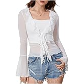 GORGLITTER Women's Bell Sleeve Tie Front Mesh Tops Sheer Cardigan Ruffle Going Out Concert Western Vintage Blouse Shirt