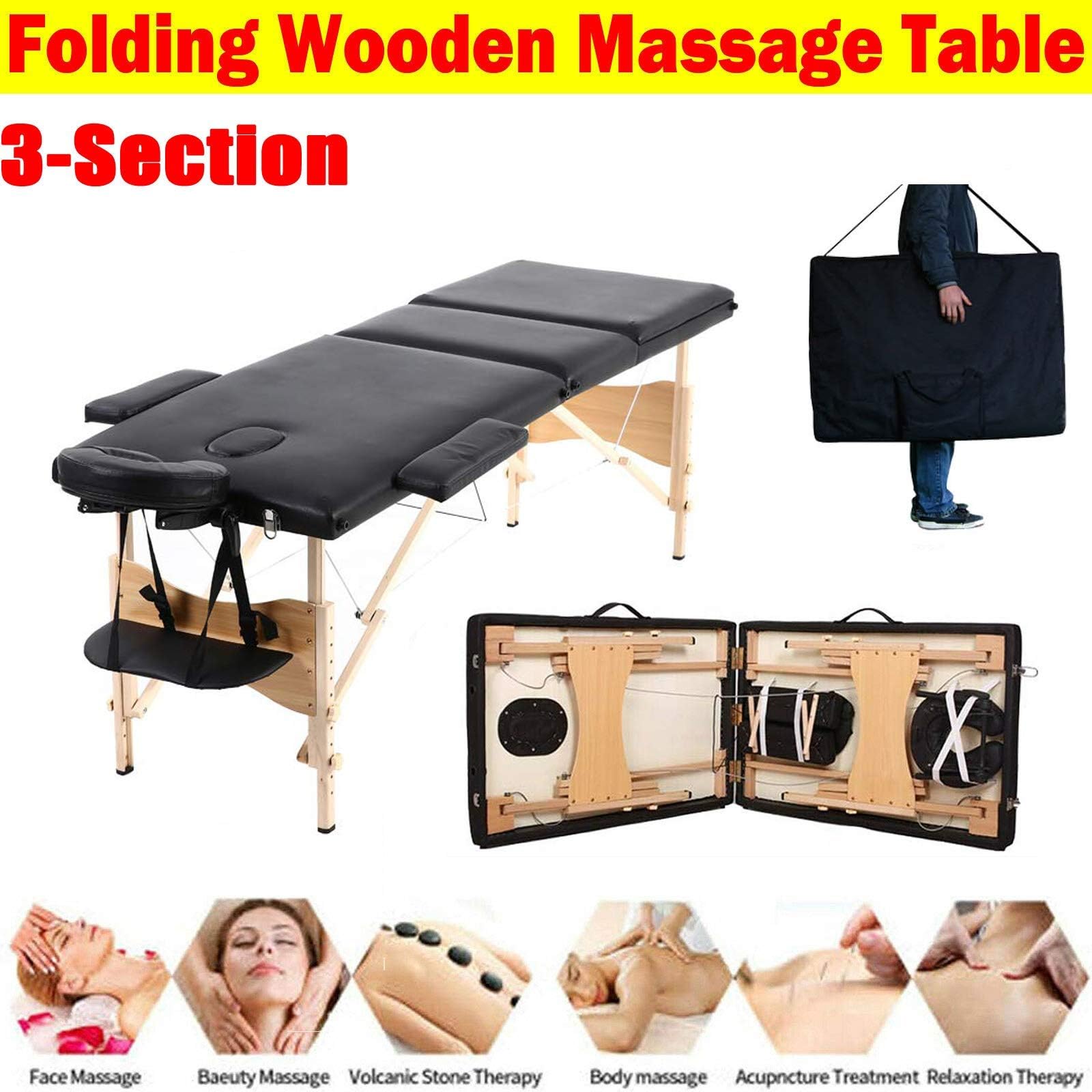 YUHT Massage Table,Massage bed 3 Fold Muti-Function Portable Adjustable Height Wooden Massage Bed Table PU Leather Soft and Oil/Dirty Resistant with Face Hole