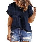 Eytino Women Plus Size Tops Crewneck Short Sleeve Lace Crochet Loose Casual Summer Blouses Shirts(1X-5X)