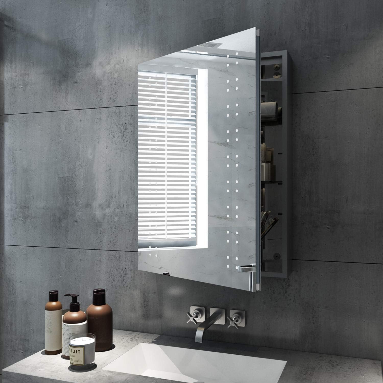 Armoires Avec Miroir Sirhona 45x 60cm Eclaire Led Cabinet Miroir Cabinet Cadre En Acier Inoxydable Cadre Mur Miroir De Stockage Avec Lumieres Cuisine Maison