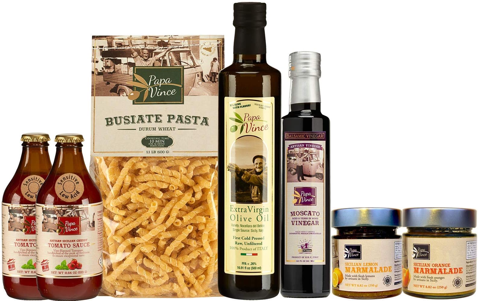 Papa Vince Sensitive FOOD basket | NON GMO ingredients grown in Sicily, Italy | VEGAN, MEDITERRANEAN Diet | LOW ACID Tomato Sauce, Extra Virgin Olive Oil, Vinegar, Pasta, marmalade