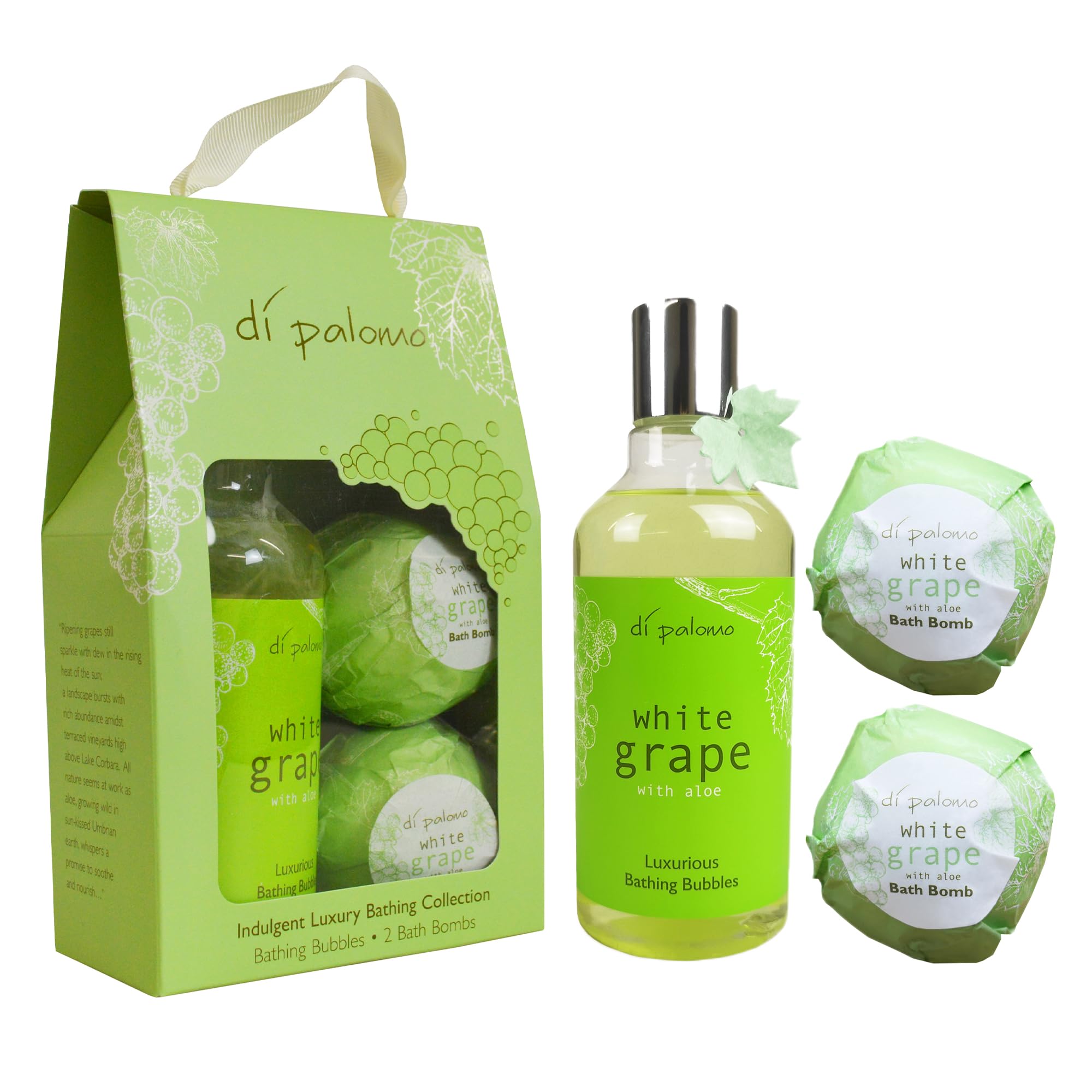 Di Palomo Vegan White Grape & Aloe Indulgent Luxury Bathing Collection. Bathing Bubbles 300ml & 2 Bath Bombs. Bubble Bath Body Wash & Bath Bomb Bath Set. Bubble Bath & Shower Gel Gifts for Women.