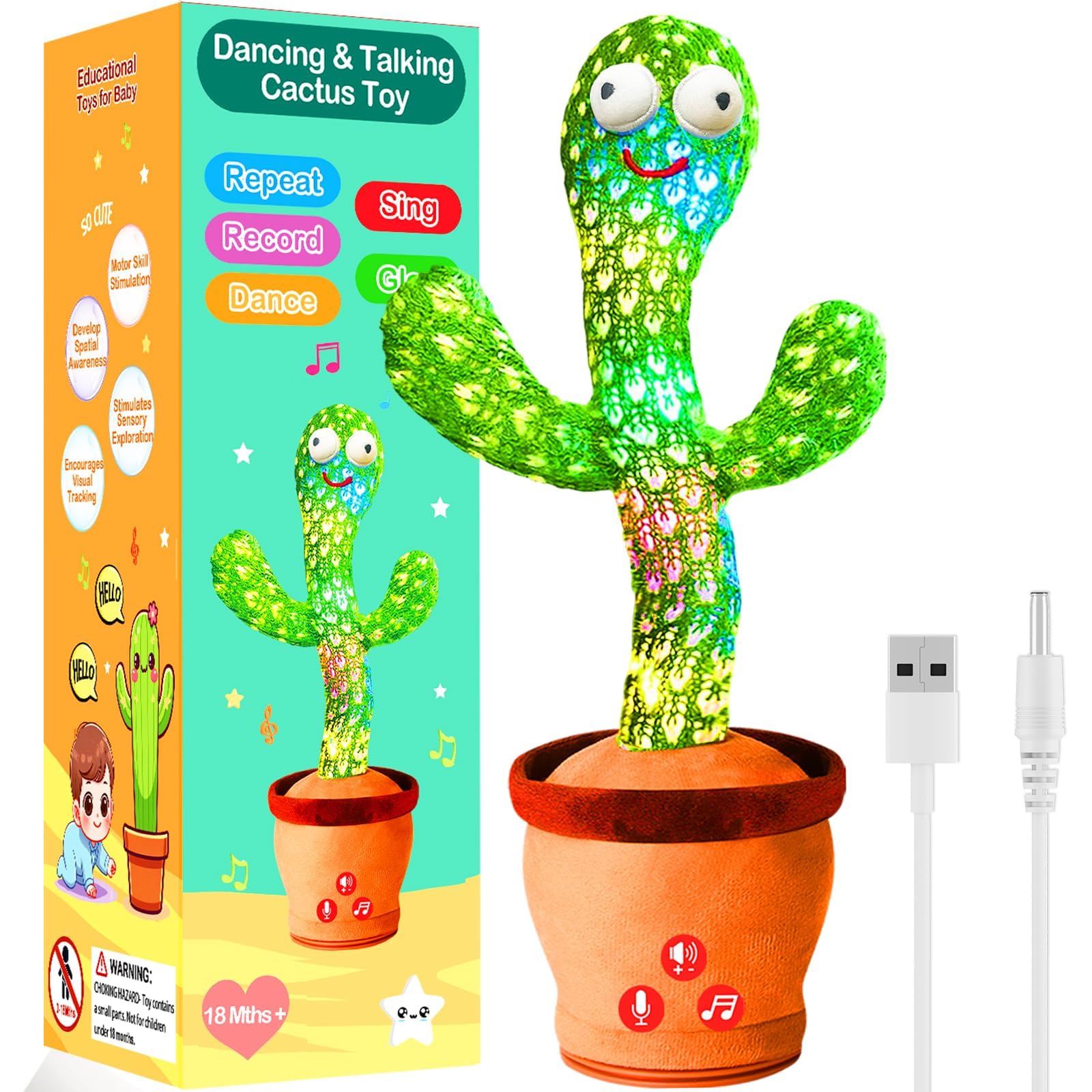 Photo 1 of Rechargeable Dancing Talking Cactus Toy Mimics Back, Singing Mimicking Cactus Baby Toy That Talks Back, Educational Baby Toys 18 months+ w/ English Songs, Learning Toys for Baby Girl Boy Gifts