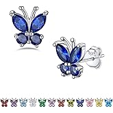 Bestyle Sterling Silver Butterfly Earrings for Women, Dainty Cute Birthstone Studs Hypoallergenic Jewelry, Great Birthday Gift