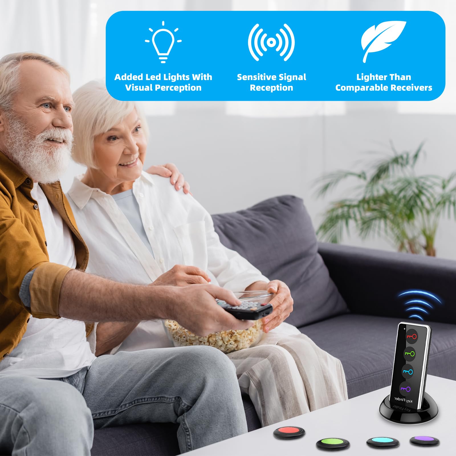 Schlüsselfinder Funk mit 80 dB+ Signalton & LED-Licht, 40 m Reichweite, ohne App, 1 Sender & 4 Empfänger, RF Locator für Schlüssel, Fernbedienung, Geldbörse, Tasche, Haustier und Brille 5