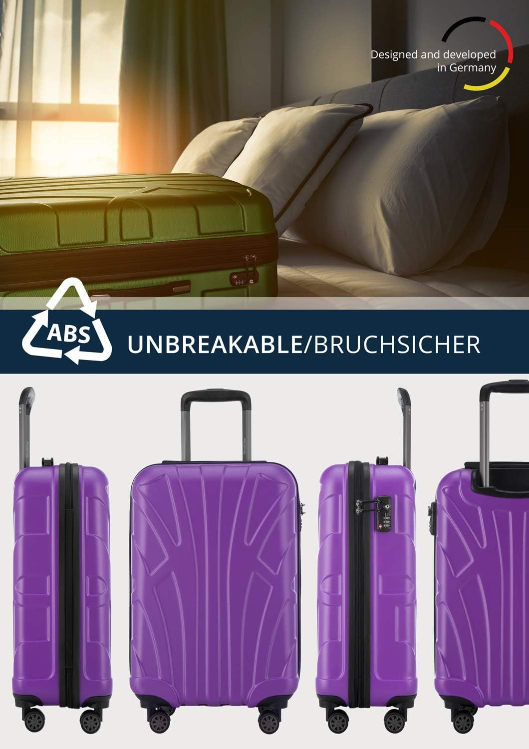 Suitline - Hand Luggage, Carry on Cabin Trolley, Hardshell Suitcase, 100% ABS, 55 cm, 34 liters, Purple, Purple/Aubergine, 55 cm (S) - Image 5