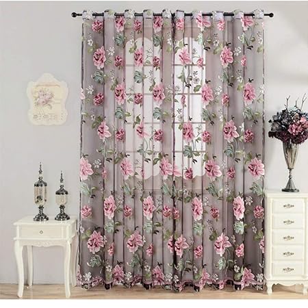 Transparent Gardine Vorhang Bestickt Sheer aus Voile Rose Stickerei Schlaufenschal Dekoschal Für Küche Wohnzimmer Das Schlafz