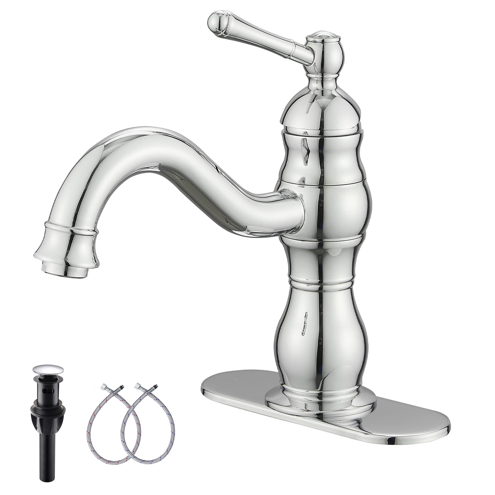 Photo 1 of Chrome Bathroom Faucet GGStudy 360° Swivel Bathroom Vanity Faucet Single Handle One Hole Bathroom Sink Faucet Basin Matching Pop Up Drain with Overflow