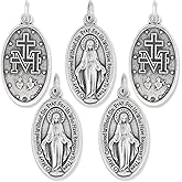 Caritas et Fides Pack of 5 - Large Oval Miraculous Medals in English (1.125", Silver Oxidized) - Made in Italy, Catholic Mary Pendant for Necklace