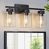 PARTPHONER 3-Light Bathroom Light Fixtures, Matte Black Modern Vanity Lights, Bathroom Lighting Fixtures Over Mirror, Square Design Farmhouse Wall Sconces with Clear Glass Shades