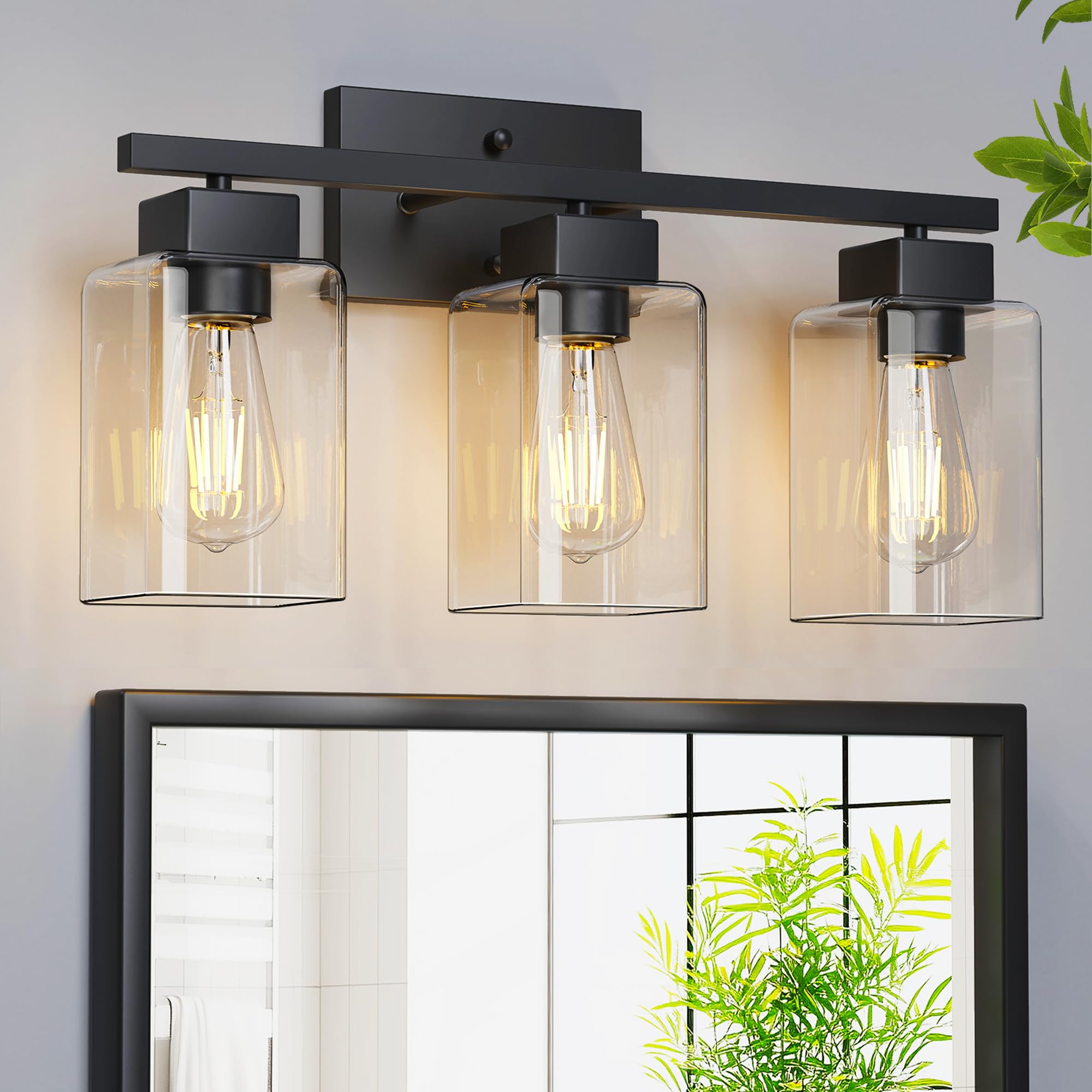 Photo 1 of PARTPHONER 3-Light Bathroom Light Fixtures, Matte Black Modern Vanity Lights, Bathroom Lighting Fixtures Over Mirror, Square Design Farmhouse Wall Sconces with Clear Glass Shades