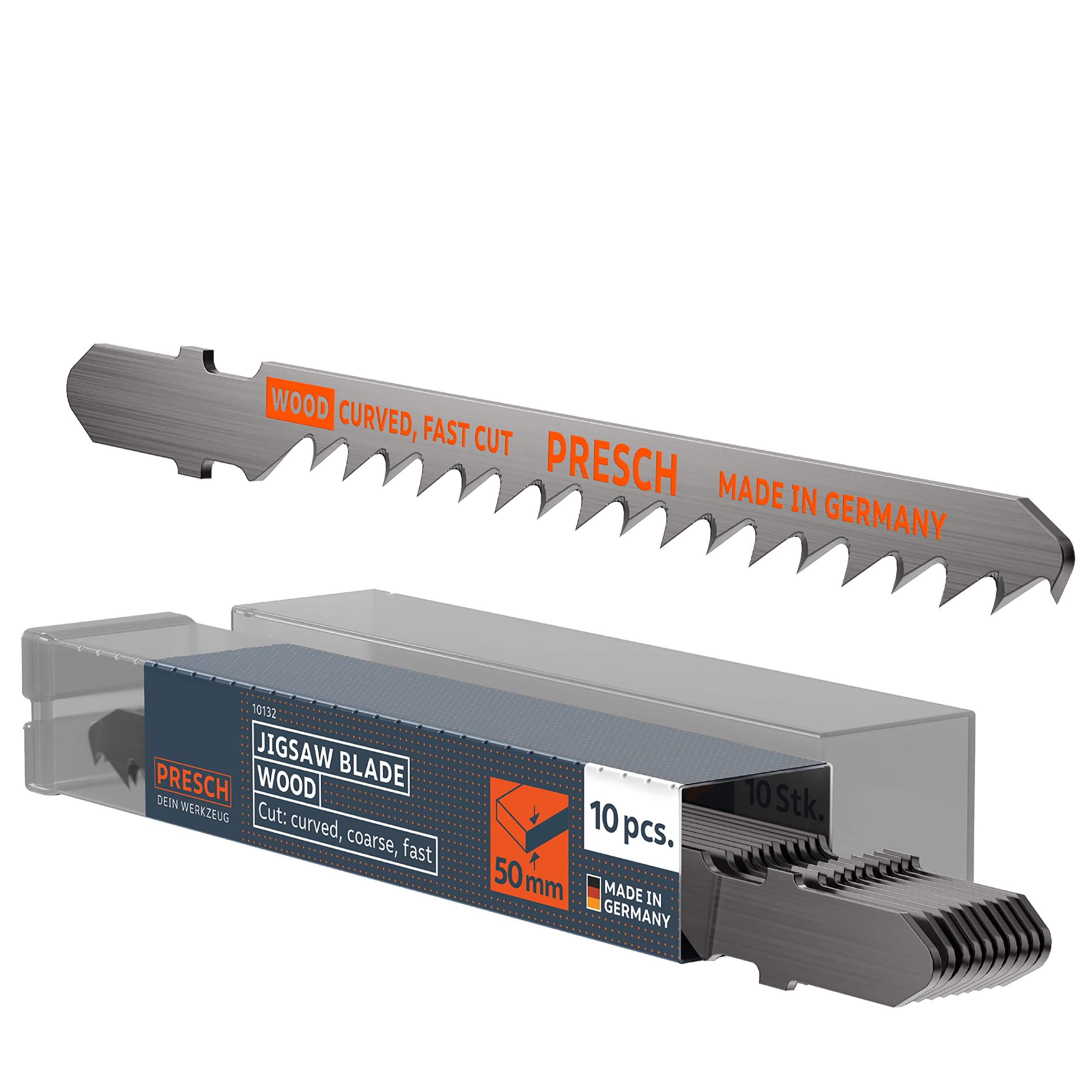 Presch Jigsaw Blades Wood 10 pcs. - Rapid, coarse Curved Cut (5-50mm) - Durable T-Shank Saw Blades for All jigsaws - Saw Blades for Construction Timber, softwood, MDF and Many More