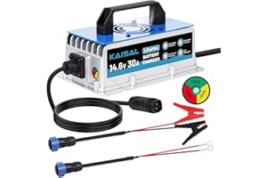 12V 30A Lithium Battery Charger 14.6V LiFePO4 Battery Charger IP67 Waterproof & 0V Wake Up 12 Volt Lithium Charger with 2 Con