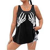 WDIRARA Women's Plus Size Skeleton Print Tank Top Skull Sleeveless Oversized Casual Long Tops