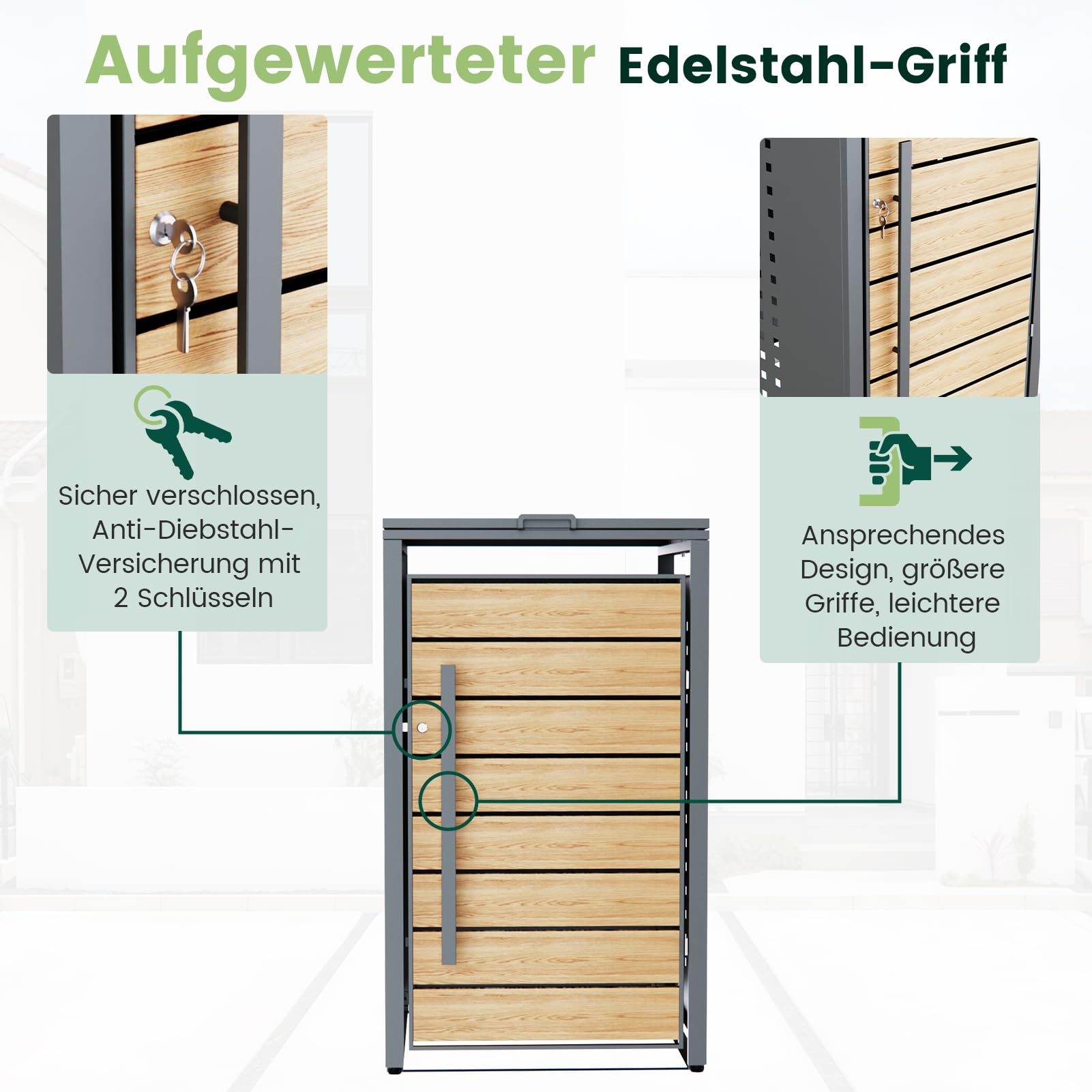 CHOSHOME Mülltonnenbox 2er 240L - Anthrazitgrau Verzinkter Stahl & Holzoptik - 2 Tonnen mit Abschließbar - inkl. Erweiterungsmöglichkeit - Mülltonnenverkleidung, Aufbewahrungsbox für Mülltonnen 4
