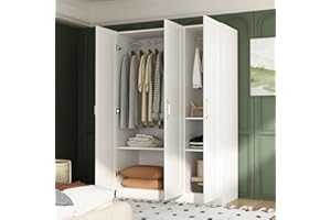 Homsee Large Wardrobe Armoire Wooden Closet with 3 Doors, 5 Storage Compartments, 2 Hanging Rods & Decorative Handles for Bedroom, White (47.2”L x 18.3”W x 69.7”H)