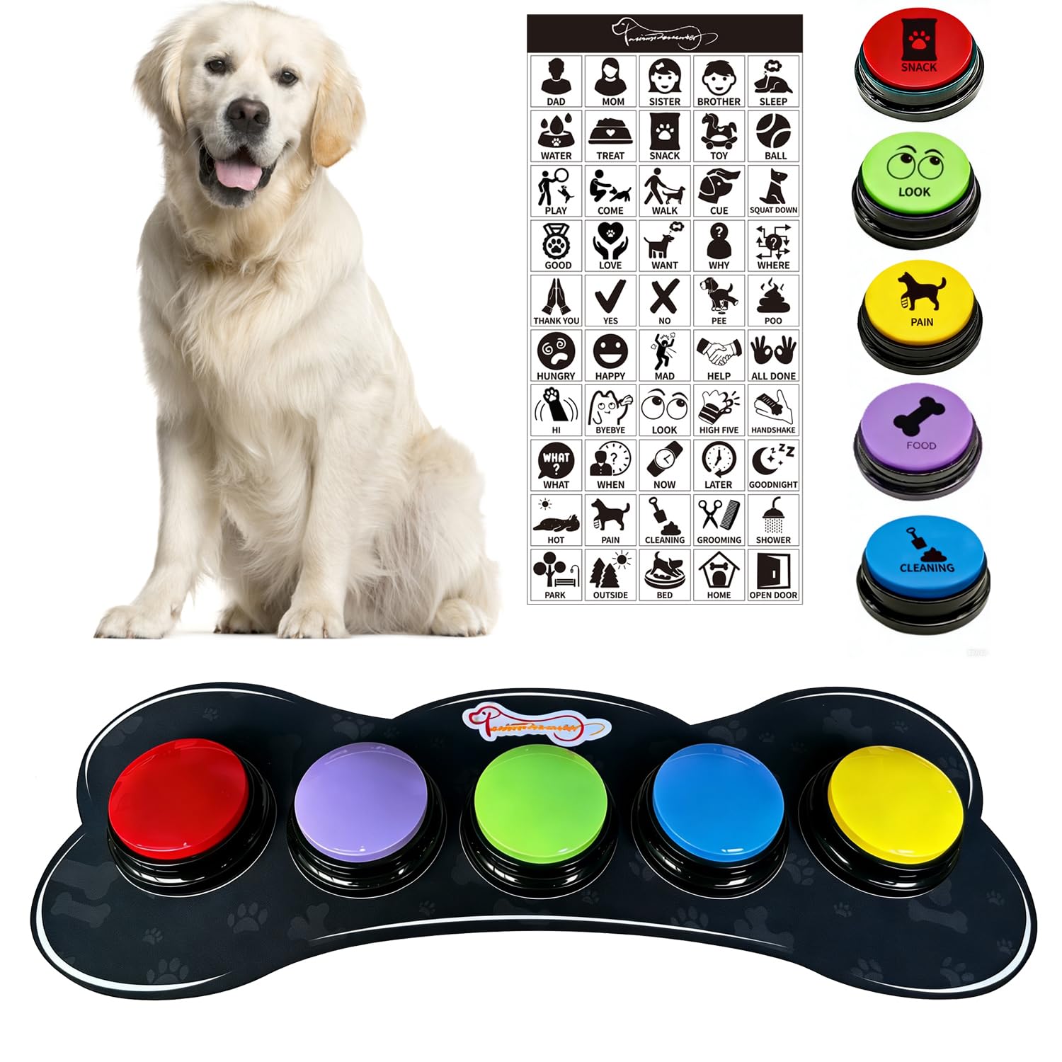 BUYVIKAY Set of 5 Color Dog Buttons with Rubber Mat for Communication,Voice Recording Button,Dog Talking Buttons,Pet Buttons,Dog Training & Behavior Aids,Dog Button Mat for Animal Training